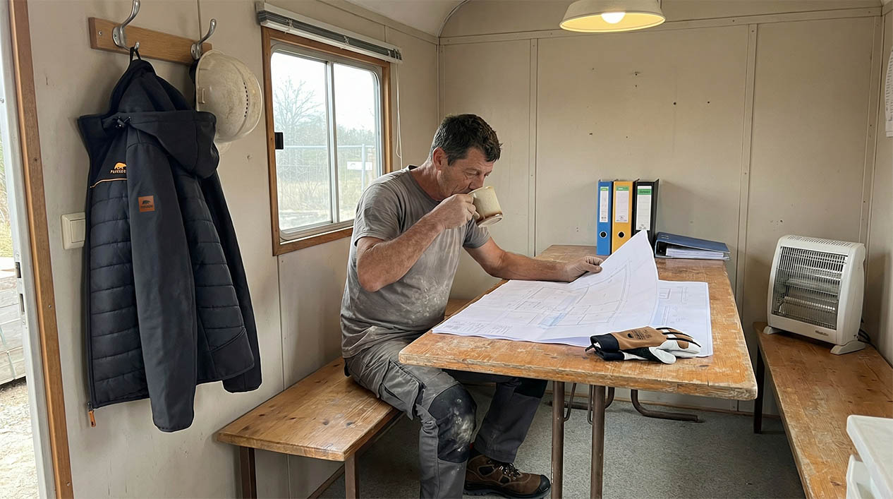 Metselaar Matteo Rossi tijdens een welverdiende koffiepauze op de bouwplaats - dagelijks leven in de hoogbouw