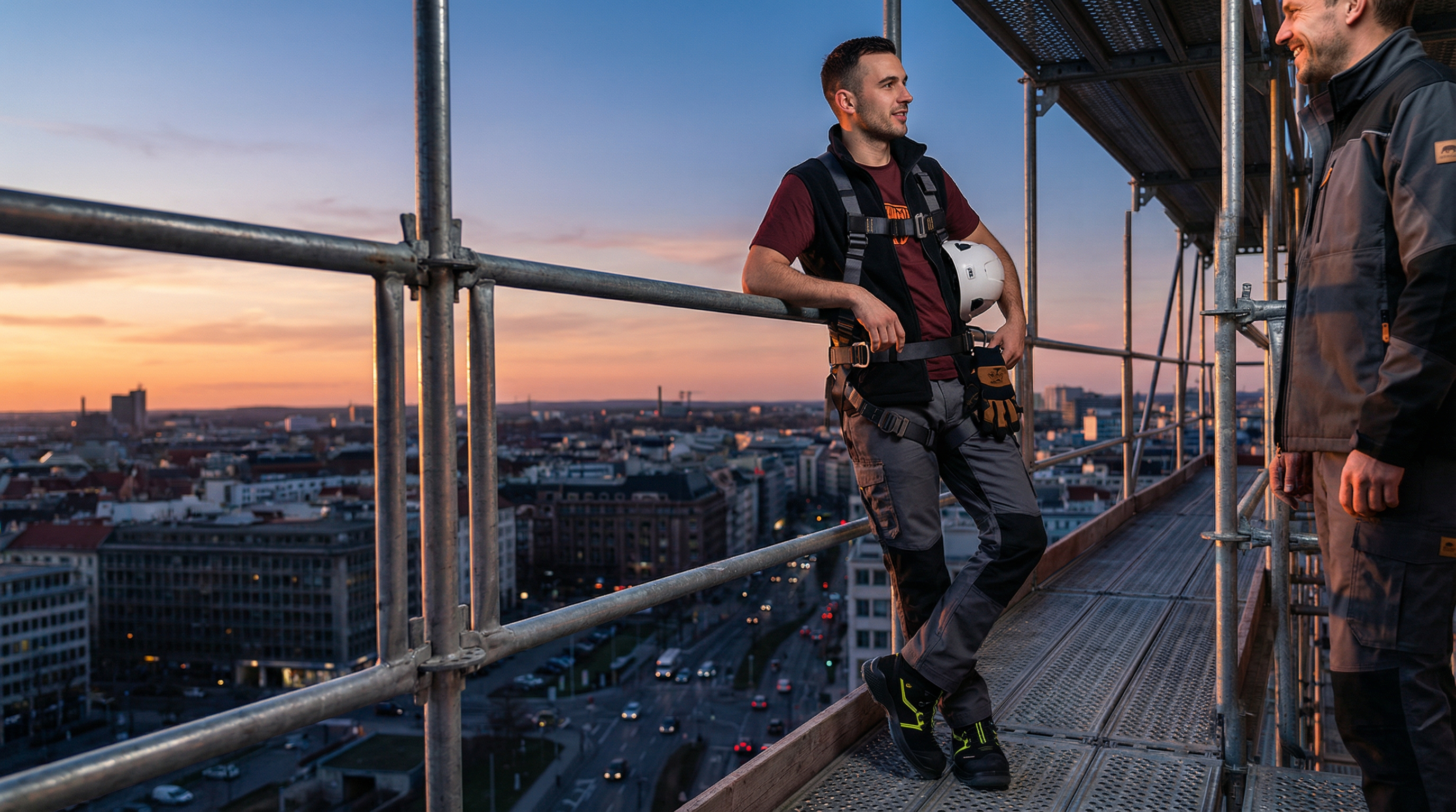 Ger&uuml;stbauer Igor Volkov mit Auffanggurt und Schutzausr&uuml;stung auf dem Ger&uuml;st - professionelle Absturzsicherung