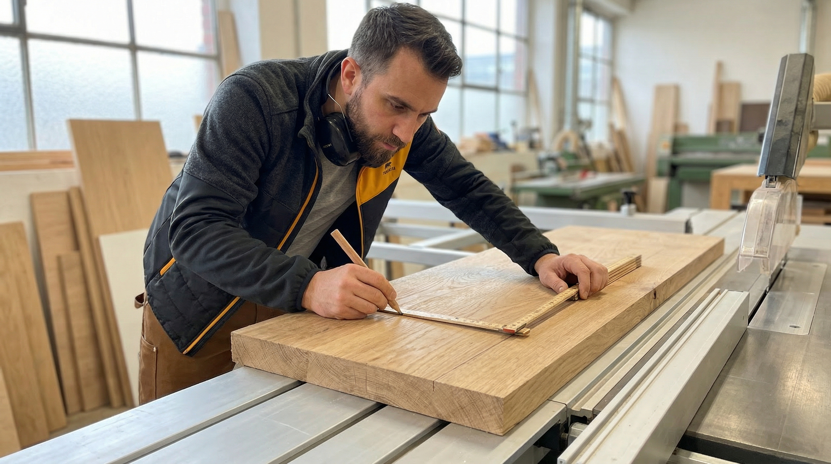 Schreiner bei der Detailarbeit am Werkstueck - professionelles Handwerkzeug fuer Tischler