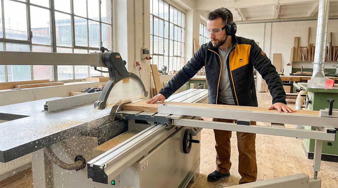 Schrijnwerker in de werkplaats met veiligheidsschoenen tijdens houtbewerking - professionele werkschoenen voor timmerlieden