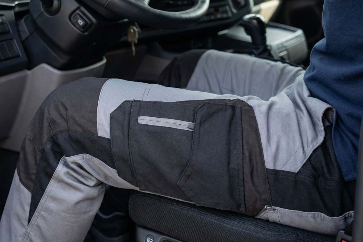 Arbeitskleidung, Hose, Taschenreihe, Grau-Schwarz, Kunstfaser