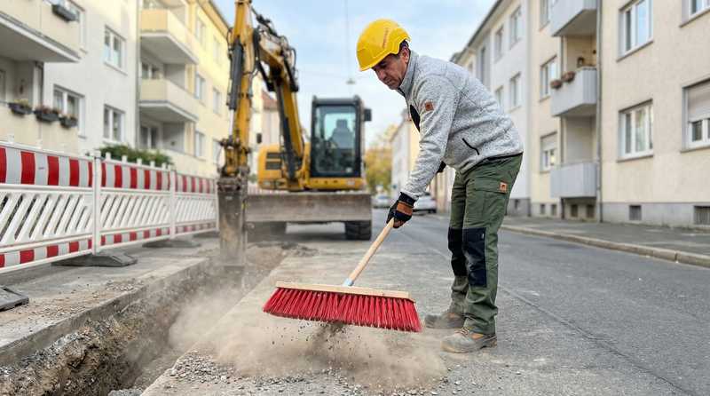 Glasvezelleggen in grondwerk – arbeider legt glasvezelkabel in een open leidingssleuf