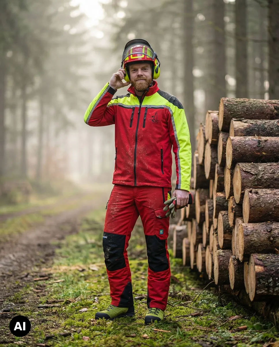 Arbeitsjacke, Arbeitshose, Schutzhelm, Gehörschutz, Holzlogistik