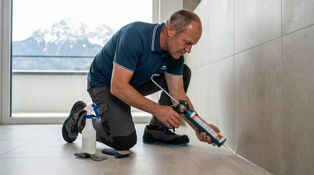 Fliesenleger Richard Gruber zieht eine saubere Silikonfuge als wasserdichten Abschluss - Detailarbeit mit Erfahrung