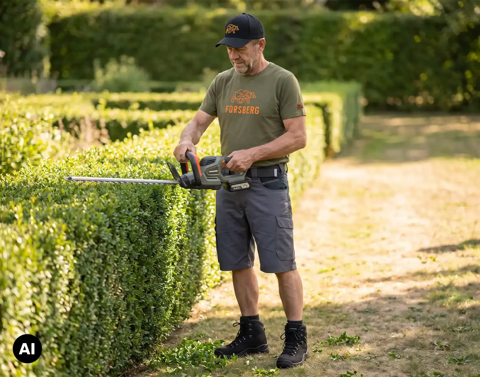 Heckenschere, Akku-Heckenschere, Gartenarbeit, Herrenoutfit, grüne T-Shirt