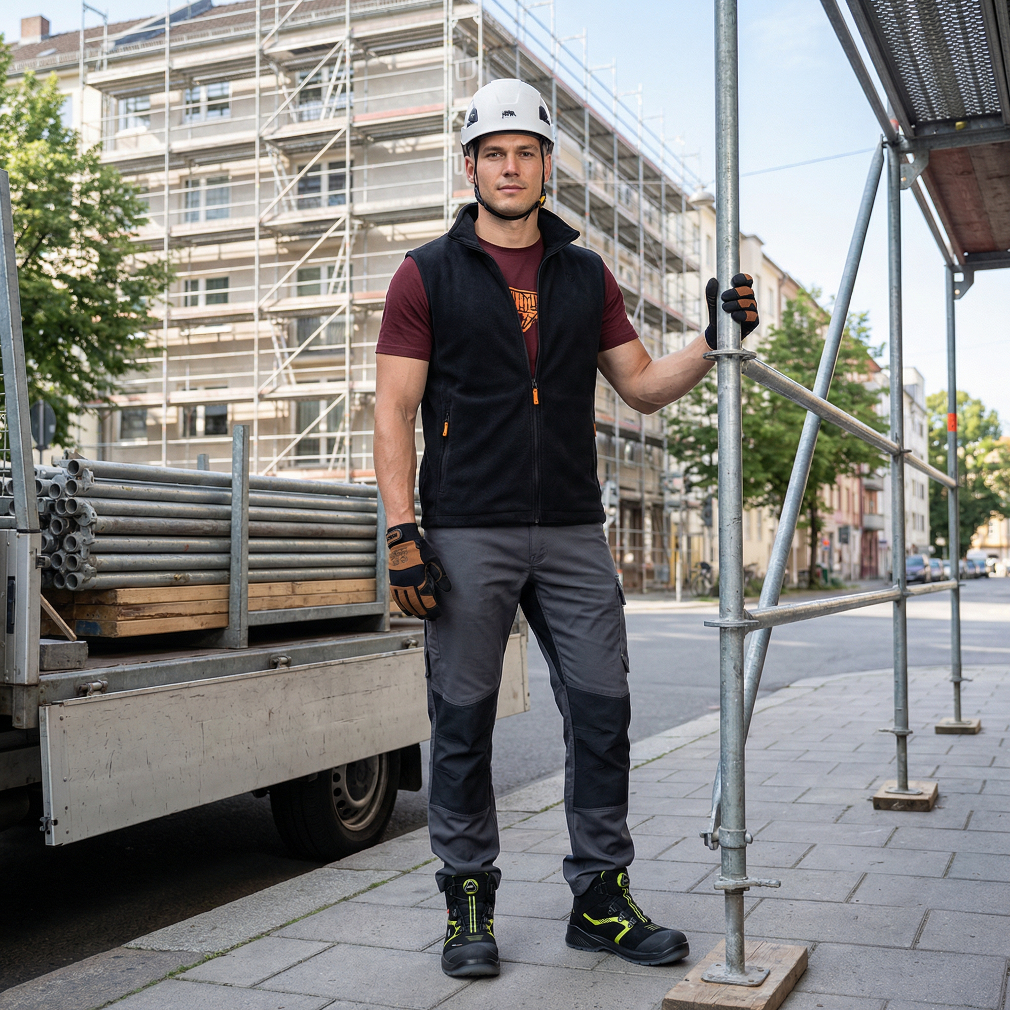 Ger&uuml;stbauer Igor Volkov in Arbeitskleidung am LKW vor fertigem Fassadenger&uuml;st