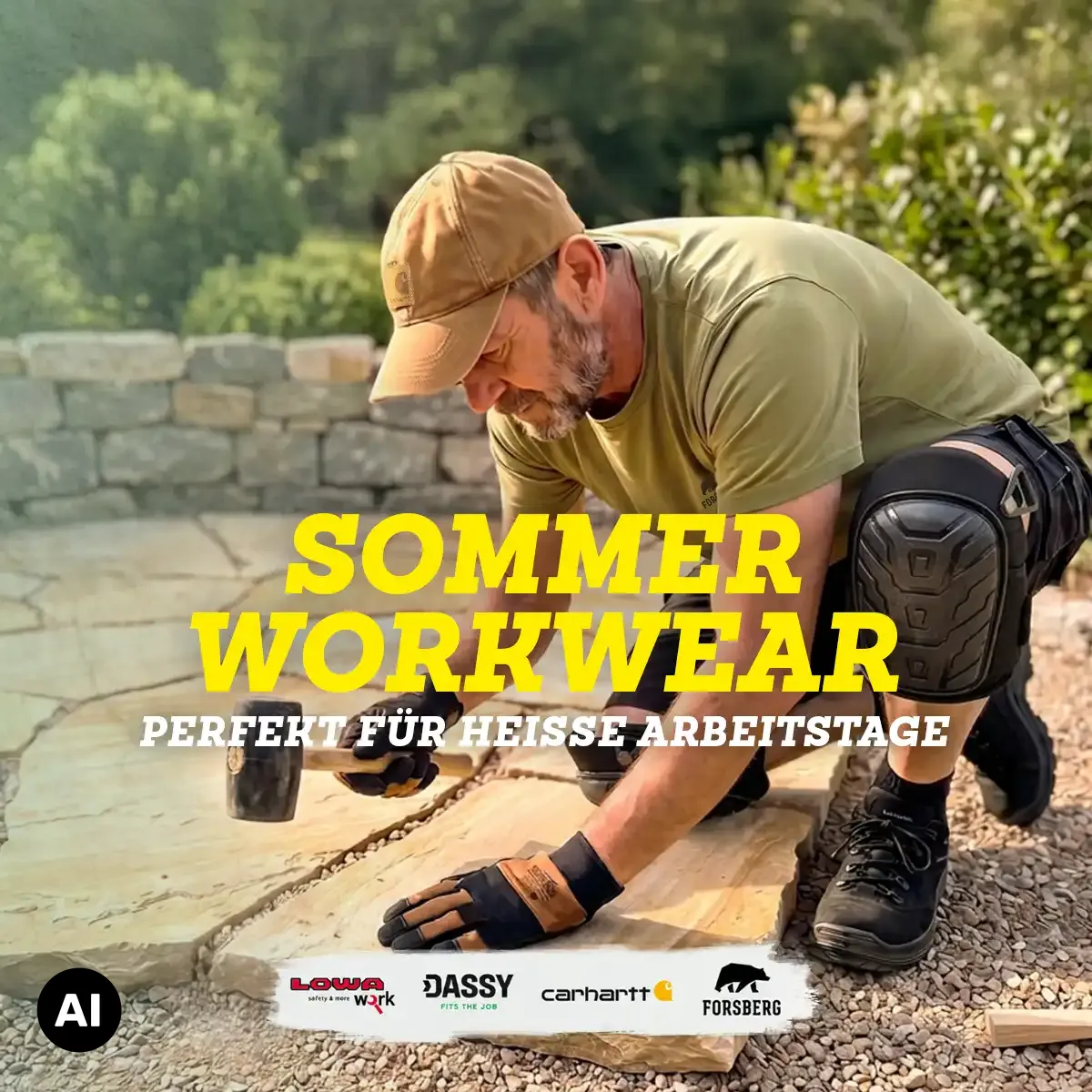Arbeitsoutfit, Knieprotektor, Arbeitshose, Arbeitshandschuh, Hammer, workwear, knieschützer, Hammer, Holzbearbeitung, Sommer