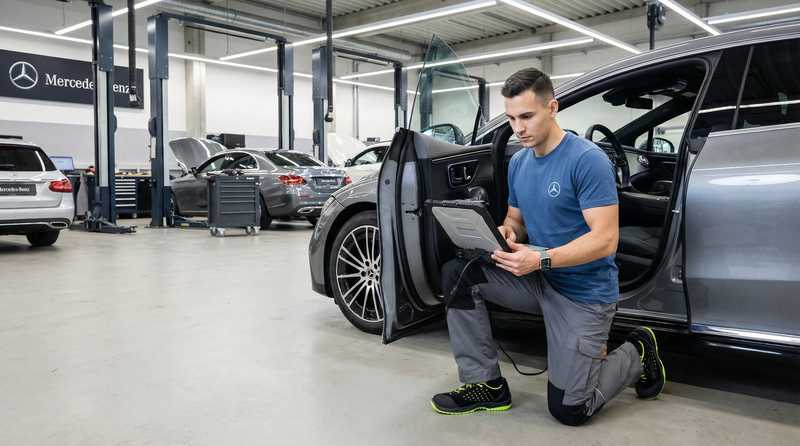 KFZ-Mechatroniker Luca Ricci bei professioneller Fahrzeugdiagnose in der Werkstatt