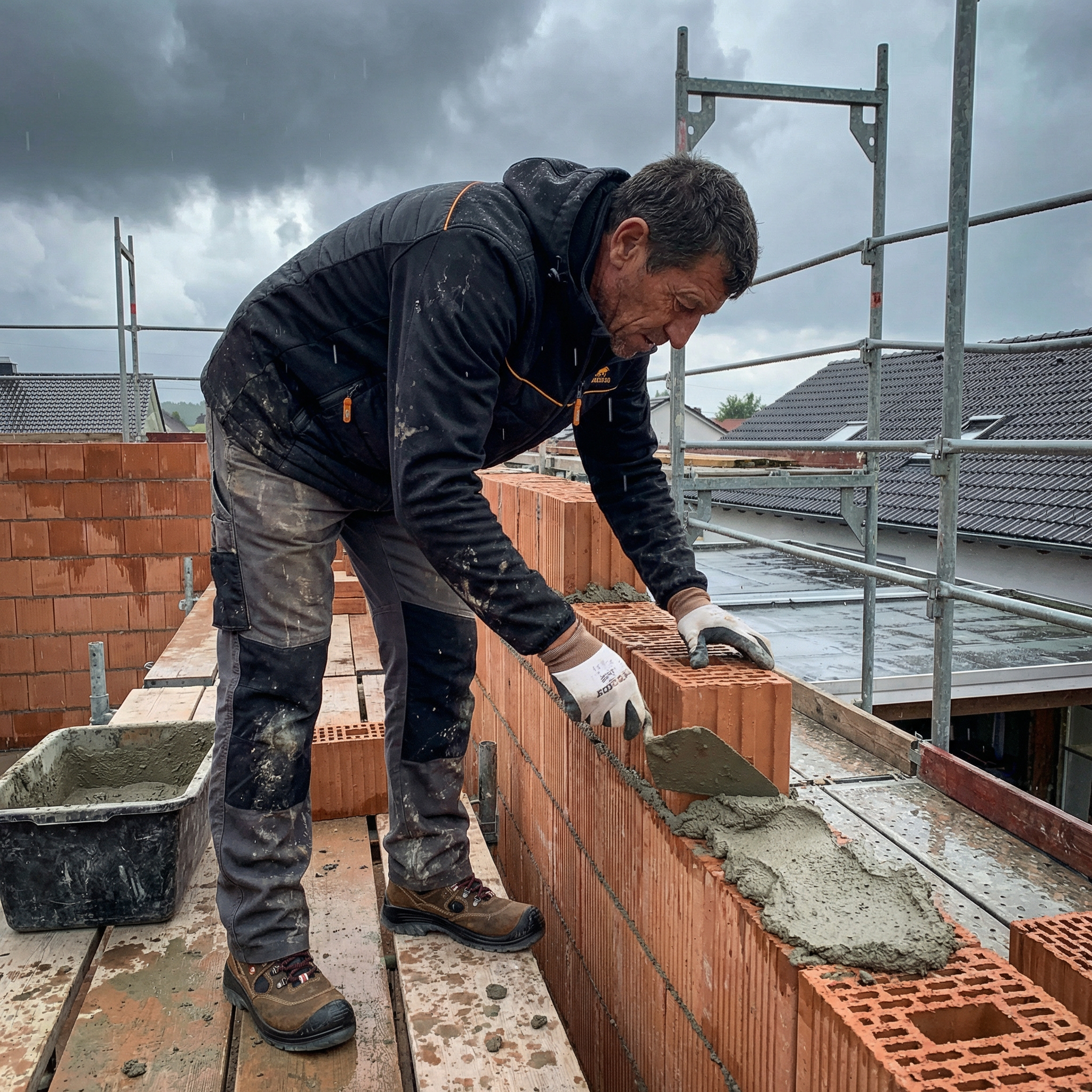 Maurer beim praezisen Ziegellegen - traditionelle und moderne Mauertechniken im Hochbau