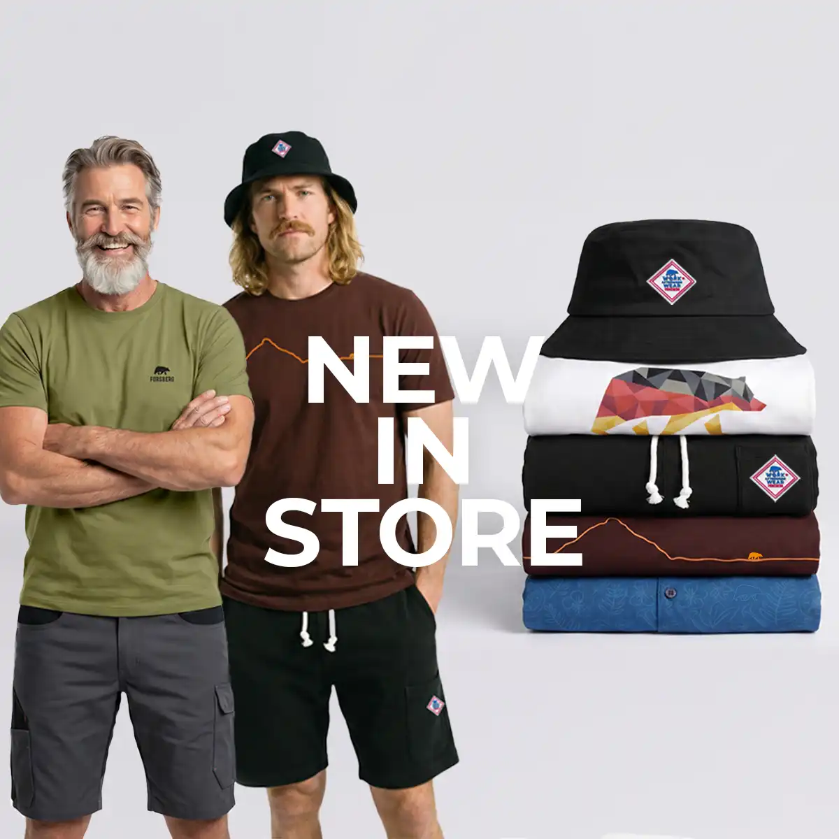 T-Shirts, Hoodie, Bucket hat, Shorts, Stacked clothes