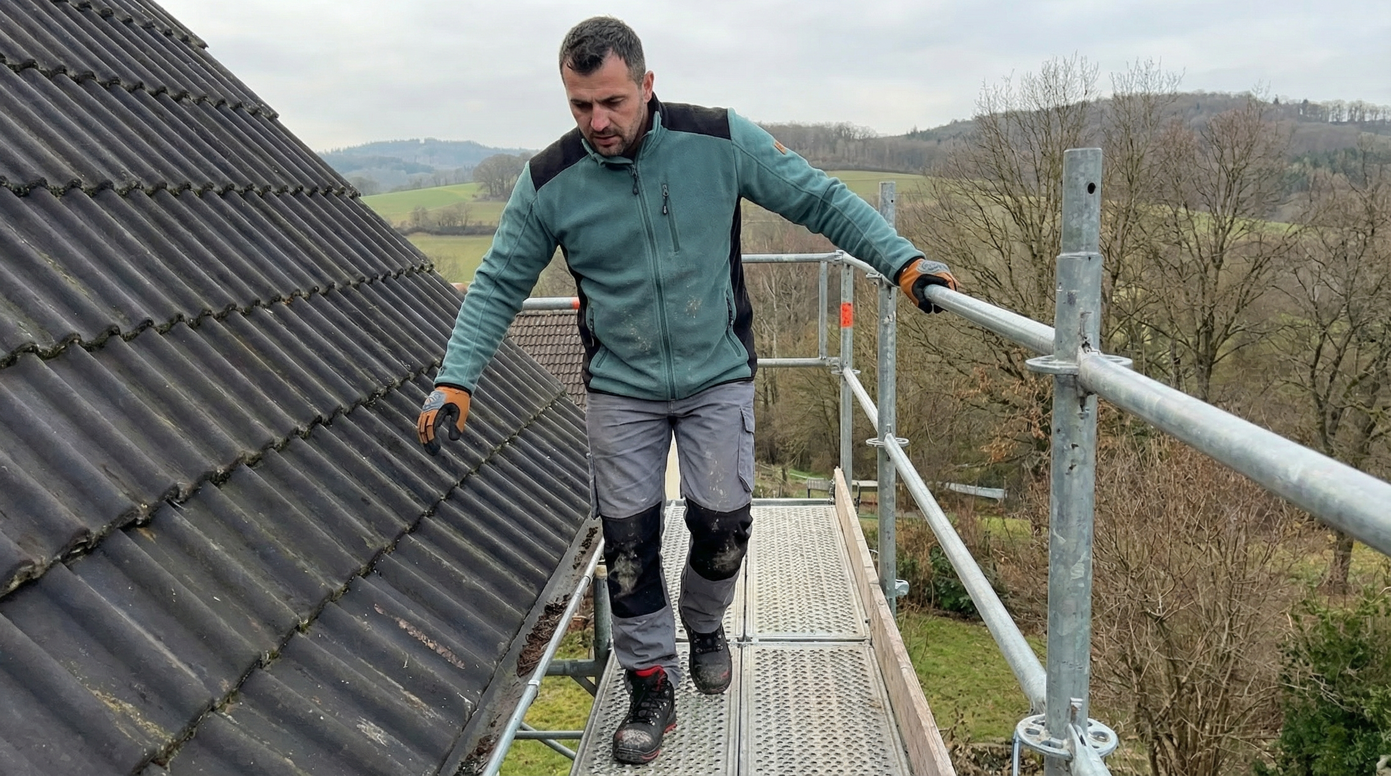Arbeitssicherheit auf dem Dach - Dachdecker mit PSA und Absturzsicherung auf Steildach