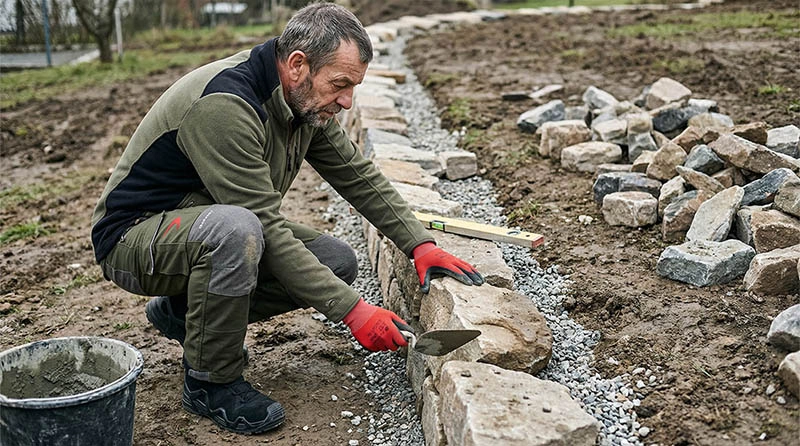 Steinmauer, Wegebau, Gartenarbeit, Handwerk, Kies