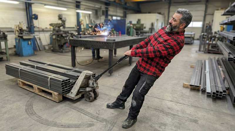 Kenan Demir schweisst individuelle Stahlkonstruktion in der Werkstatt mit Schutzausruestung