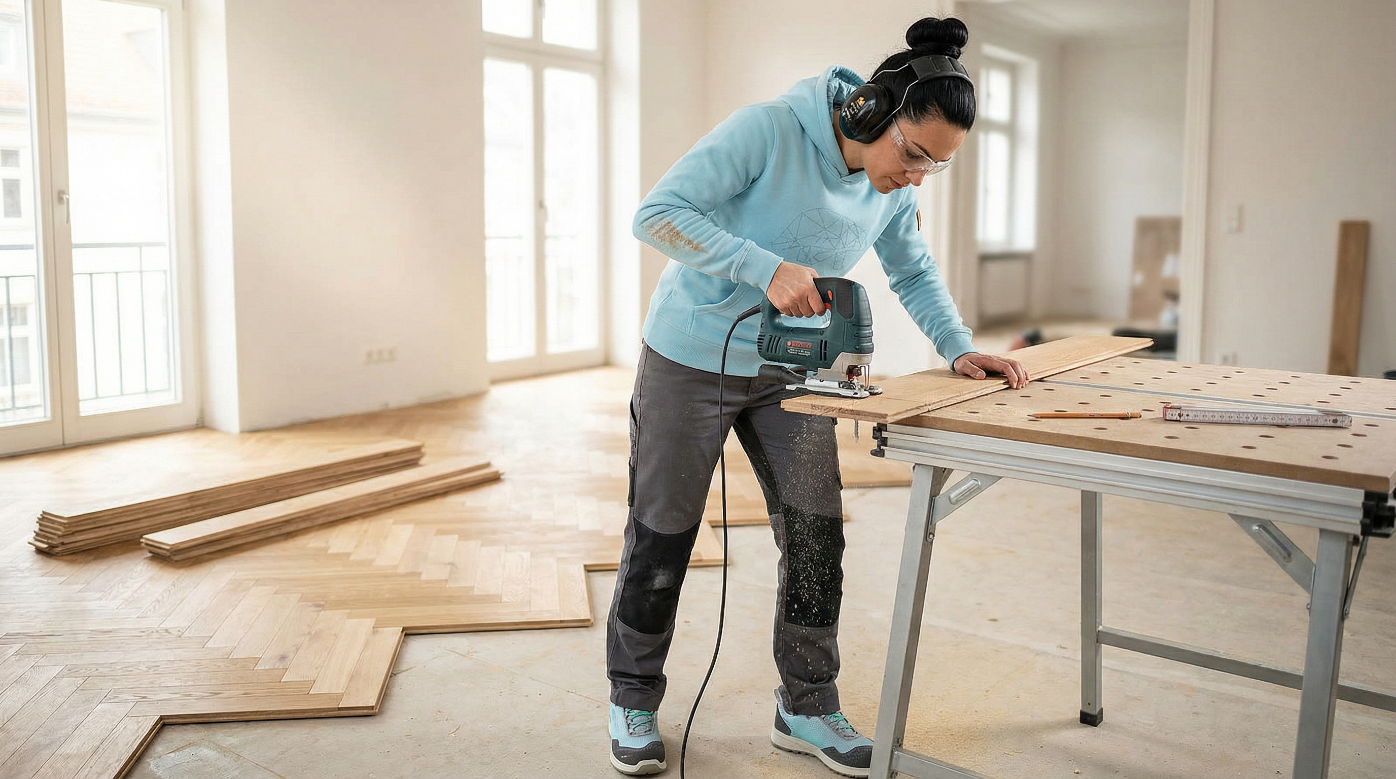 Parkettlegerin Elena Petrova beim professionellen Verlegen von Massivholzparkett - Arbeitskleidung und Knieschutz im Einsatz