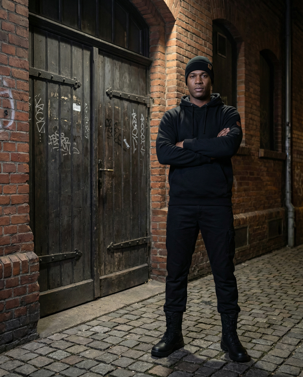 Hoodie, Schwarz, Mütze, Stiefel, Urbaner Stil