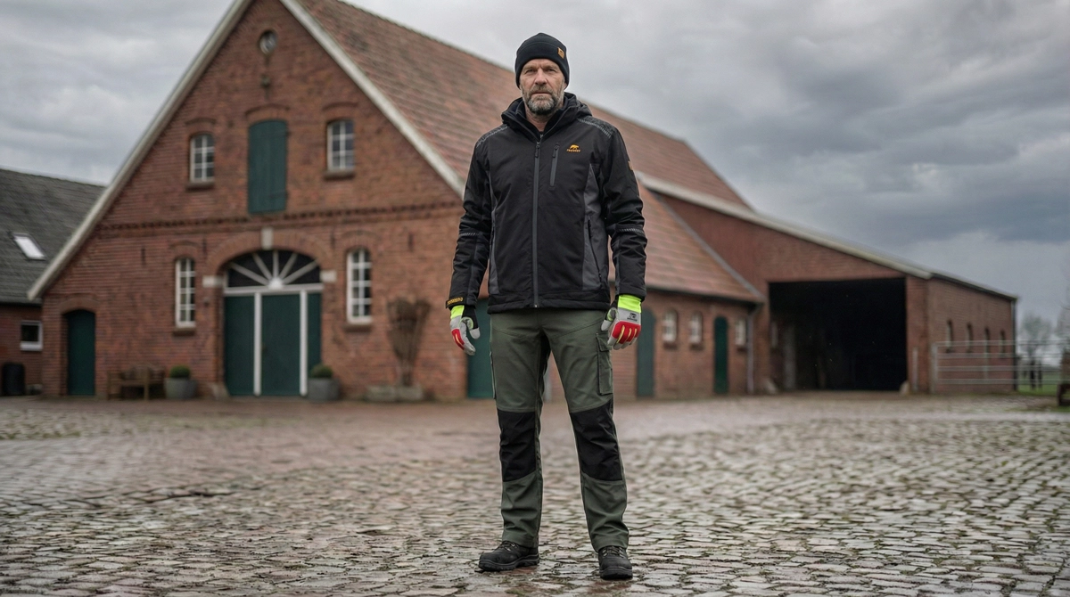 Outdoorjacke, Softshell, Hose mit Taschen, Fingerhandschuhe, Paar Handschuhe