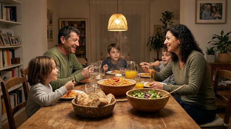 Maurer Matteo Rossi beim Familienessen nach der Arbeit - Familie als Rueckhalt im harten Baustellenalltag