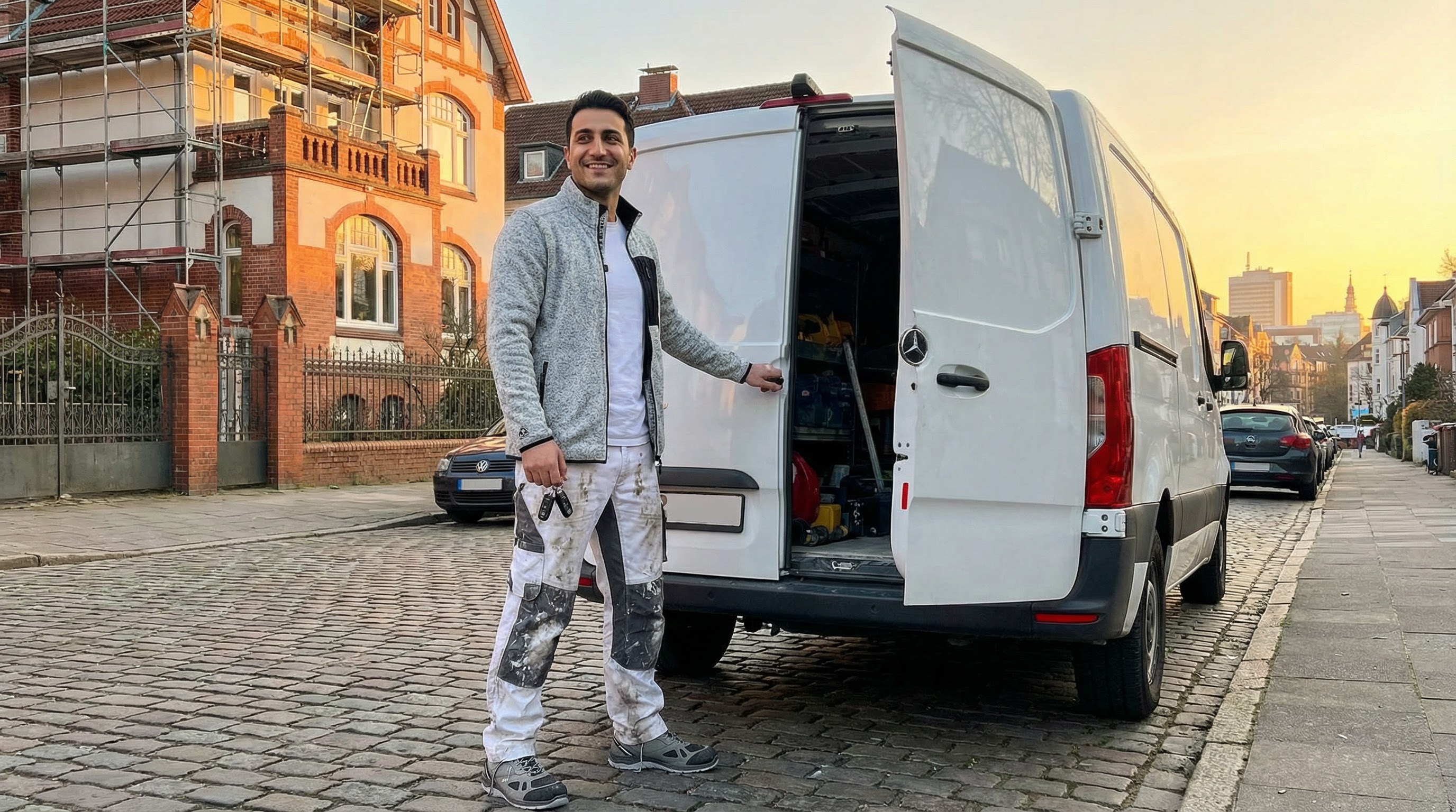 Stuckateurmeister Aras Kaplan an seinem Transporter bei Sonnenuntergang