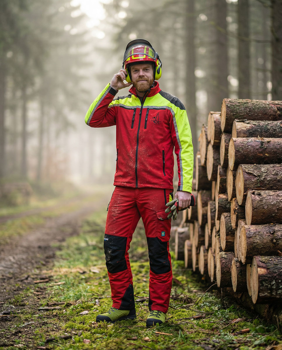 Forstjacke, Arbeitskleidung, rot, neongelb, Holzstapel