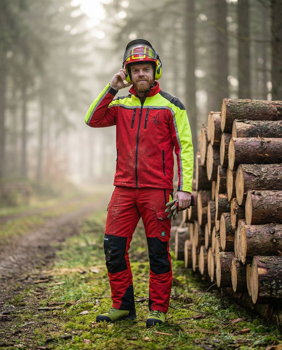 Forstjacke, Arbeitskleidung, rot, neongelb, Holzstapel