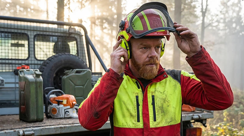Schutzausrüstung, Arbeitsjacke, High-Vis, Helm, Kettensäge
