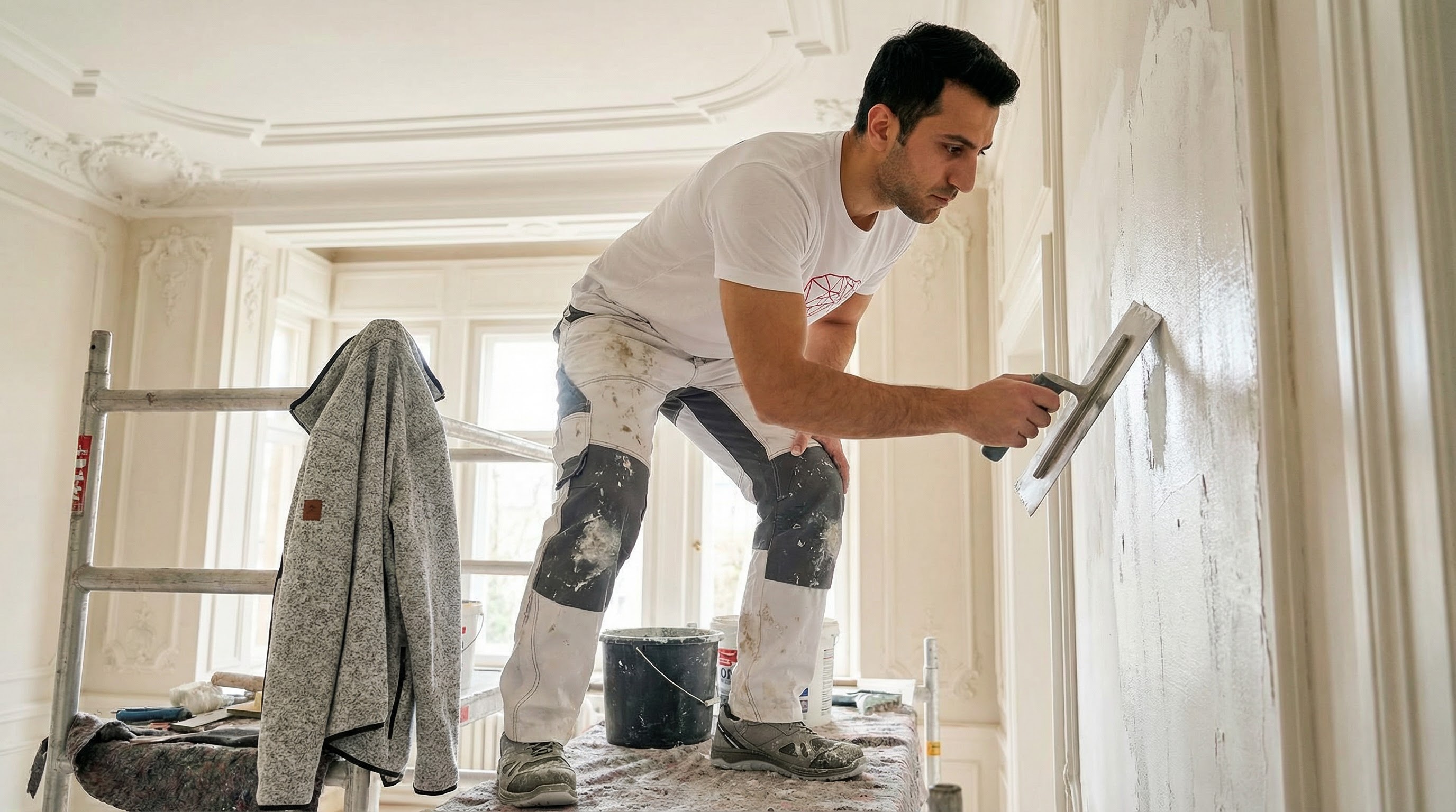 Stuckateur Aras Kaplan glaettet Putz an der Wand mit der Kelle