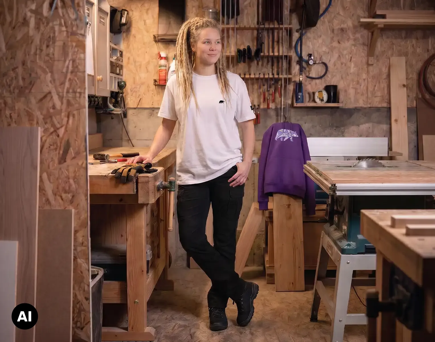 Werkstatt, Pflegetisch, Holzwerkbank, Weißes T-Shirt, schwarze Hose