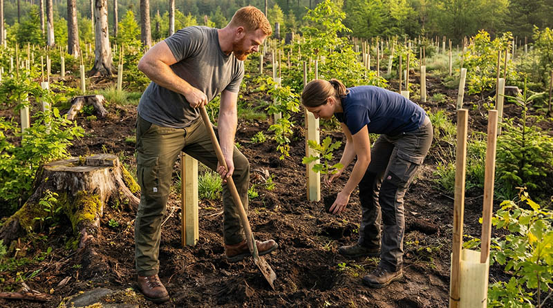 gartnerarbeit, bodenbearbeitung, pflanzenstützen, junge bäume, gartenszene