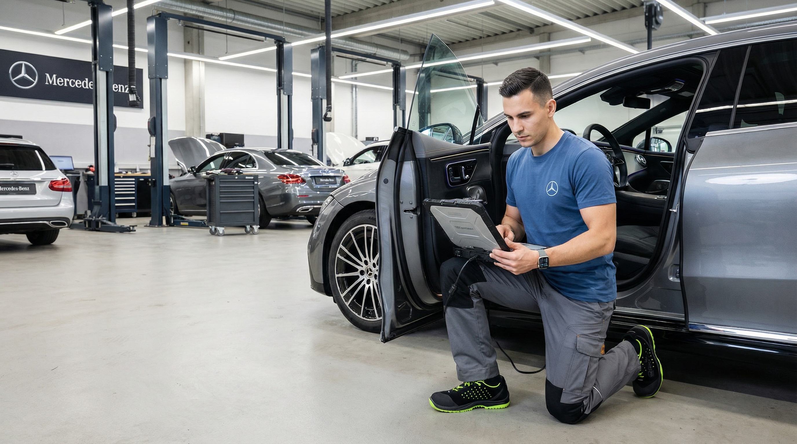 KFZ-Mechatroniker Luca Ricci bei professioneller Fahrzeugdiagnose in der Werkstatt