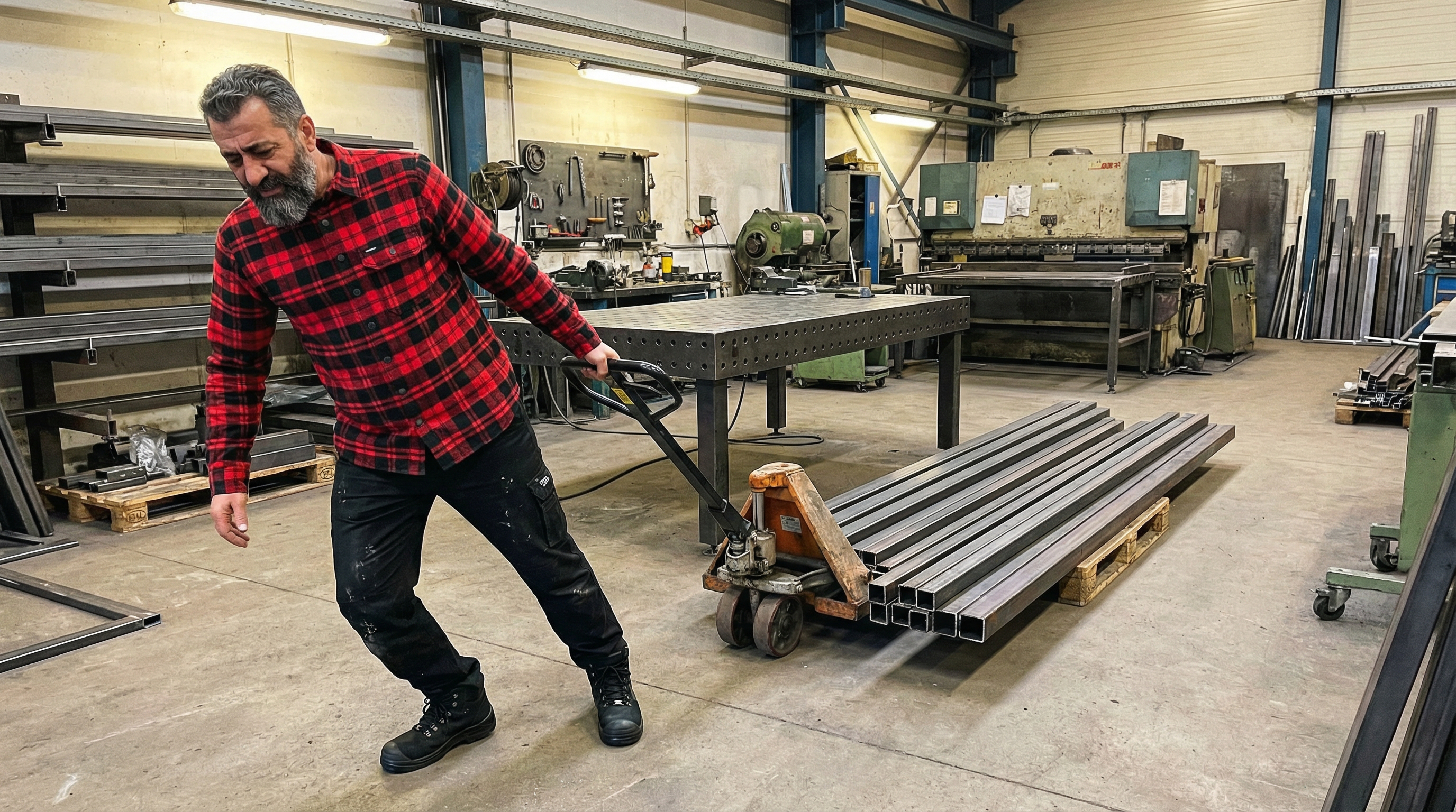 Kenan Demir schweisst individuelle Stahlkonstruktion in der Werkstatt mit Schutzausruestung