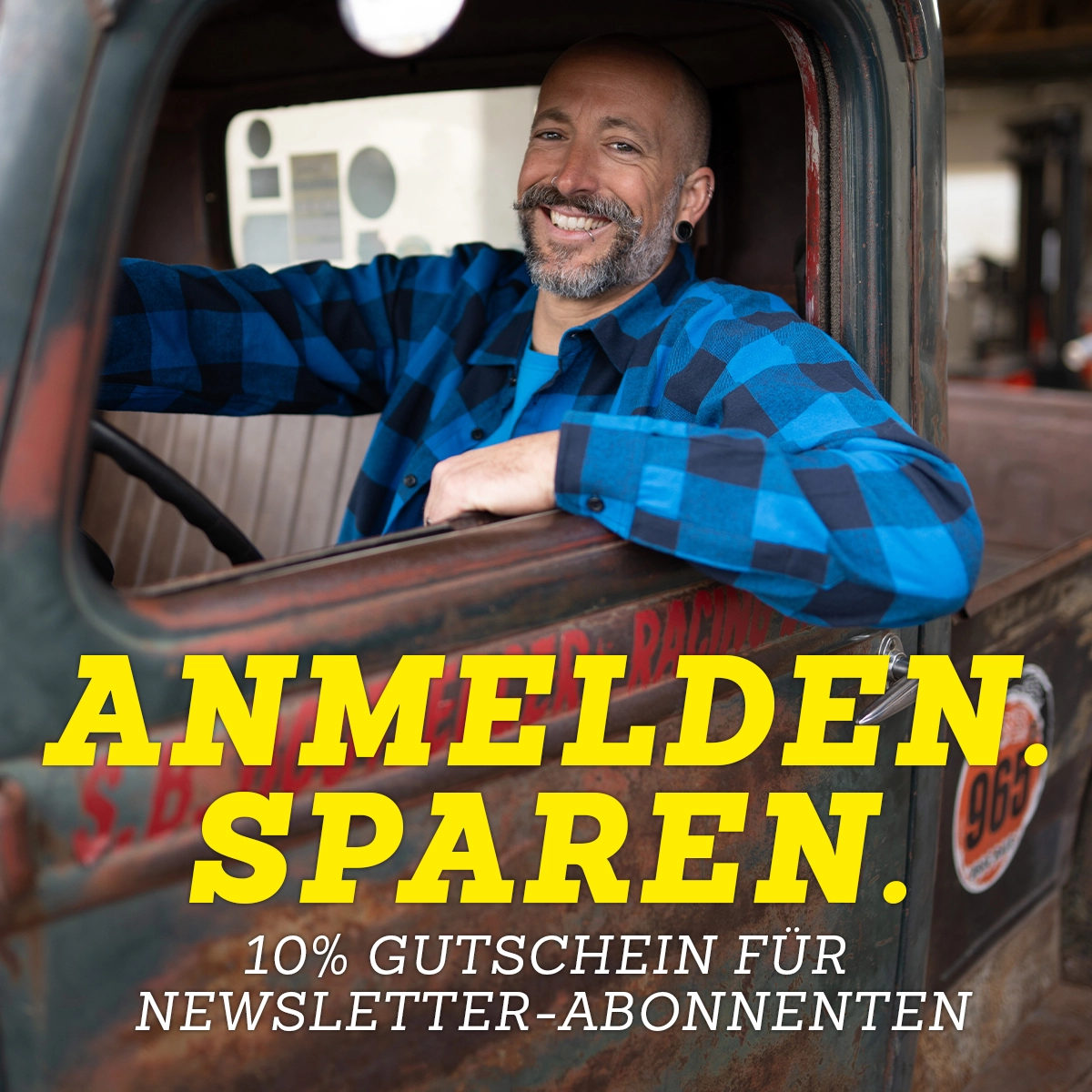 Lkw, Mann, blau kariertes Hemd, rustikal, Werbung