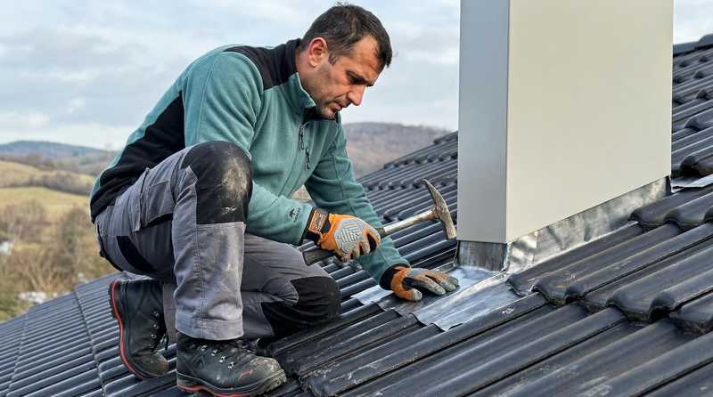 Dachdecker haemmert Bleche am Schornstein fest - sicheres Arbeiten auf dem Dach