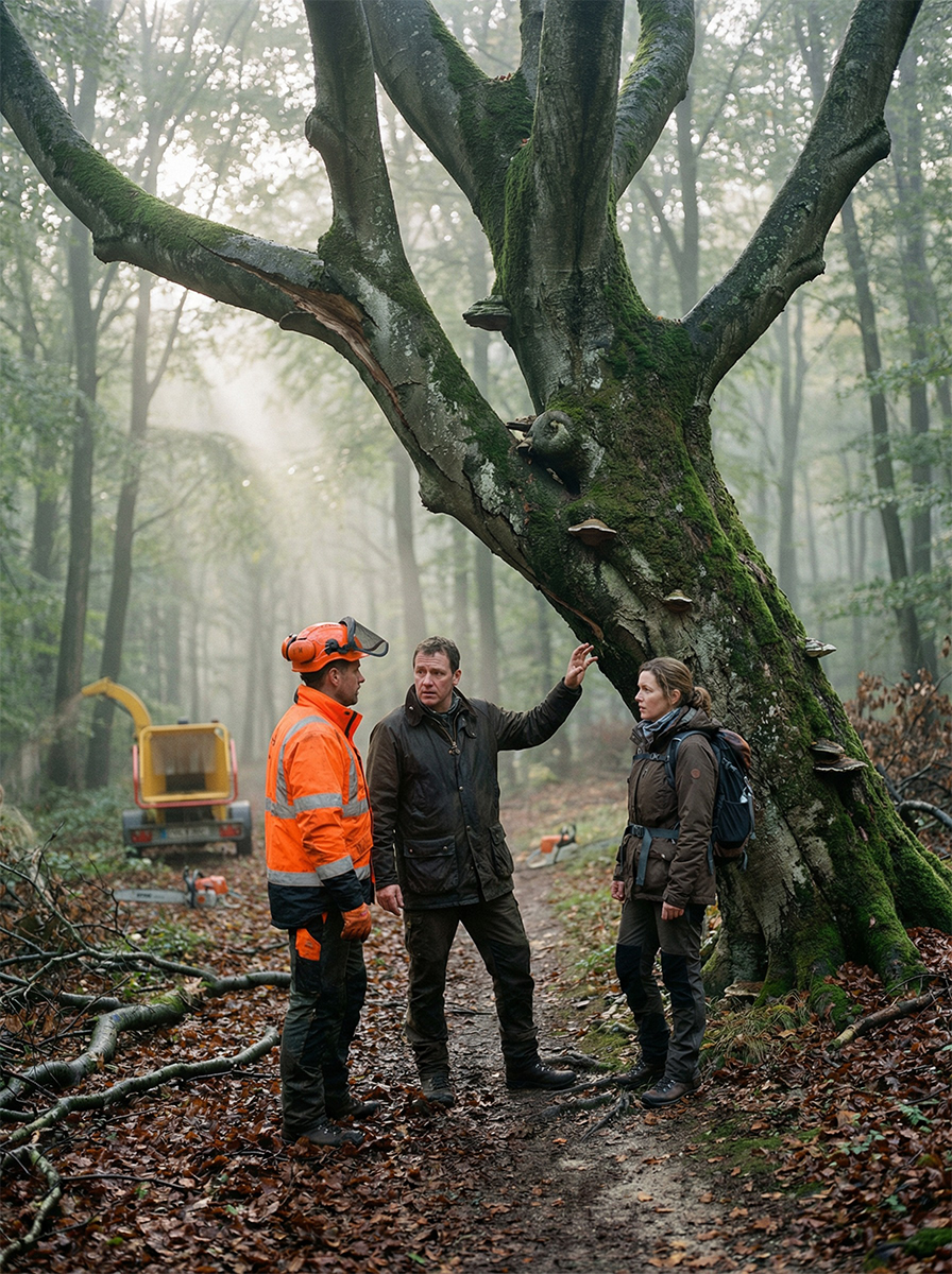 Gefahrenfaellung im Wald - Forstwirt faellt beschaedigten Baum unter schwierigen Bedingungen