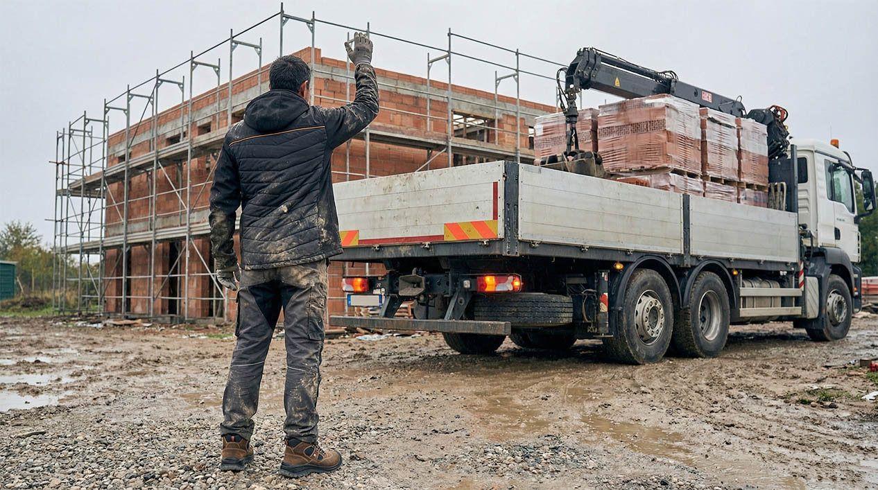 Metselaar-voorman Matteo Rossi geeft aanwijzingen bij het inparkeren van een vrachtwagen op de bouwplaats - teamleiding en logistiek