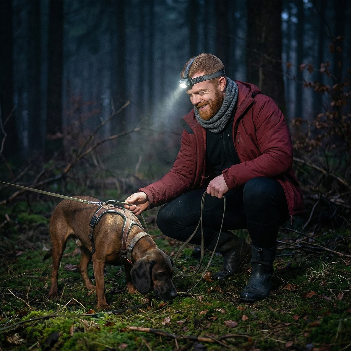 Forstwirt bei Nachtarbeit mit Stirnlampe - professionelles Forstzubehoer