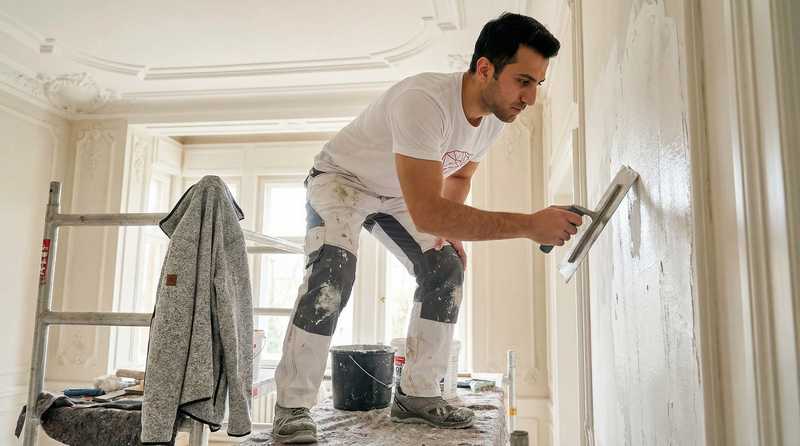 Stuckateur Aras Kaplan glaettet Putz an der Wand mit der Kelle