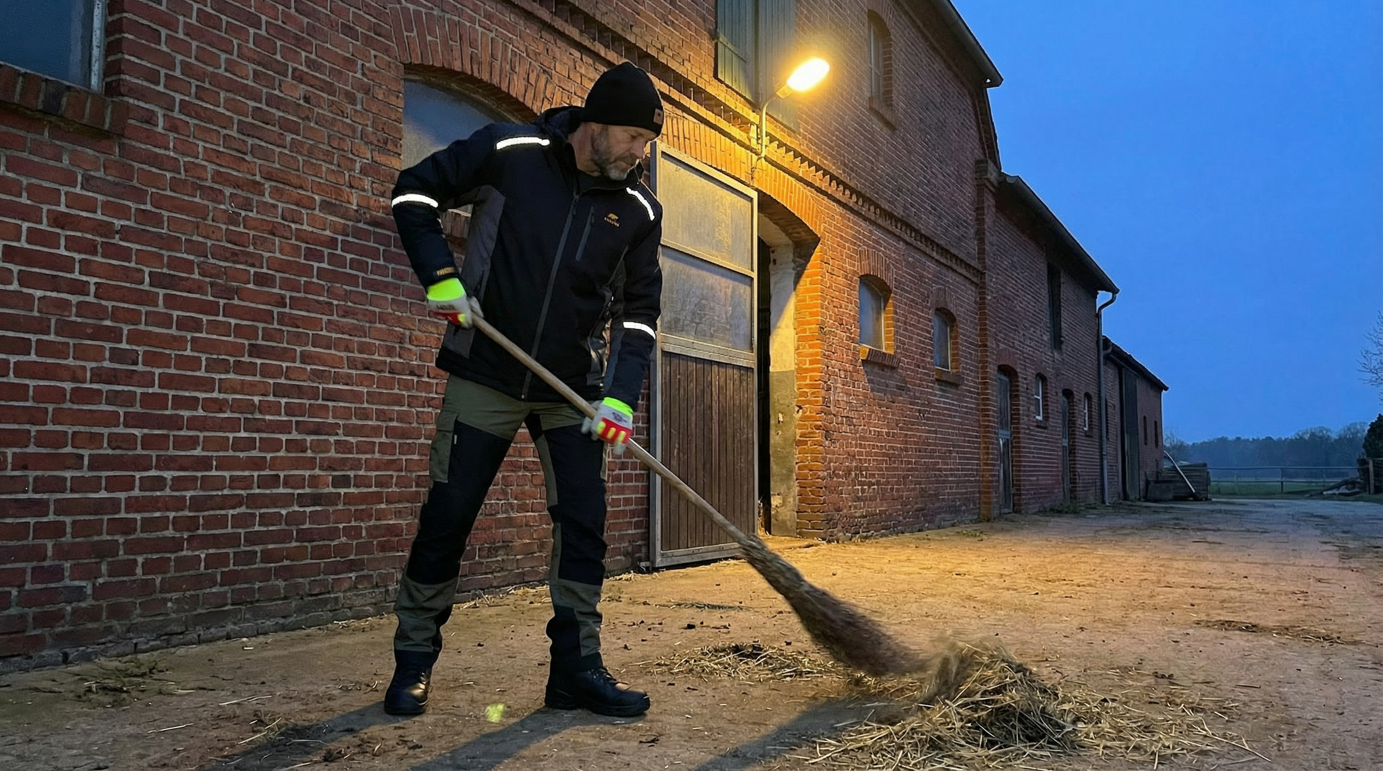 Boer tijdens stalwerk – robuuste kleding voor veehouderij en dierenhouderij