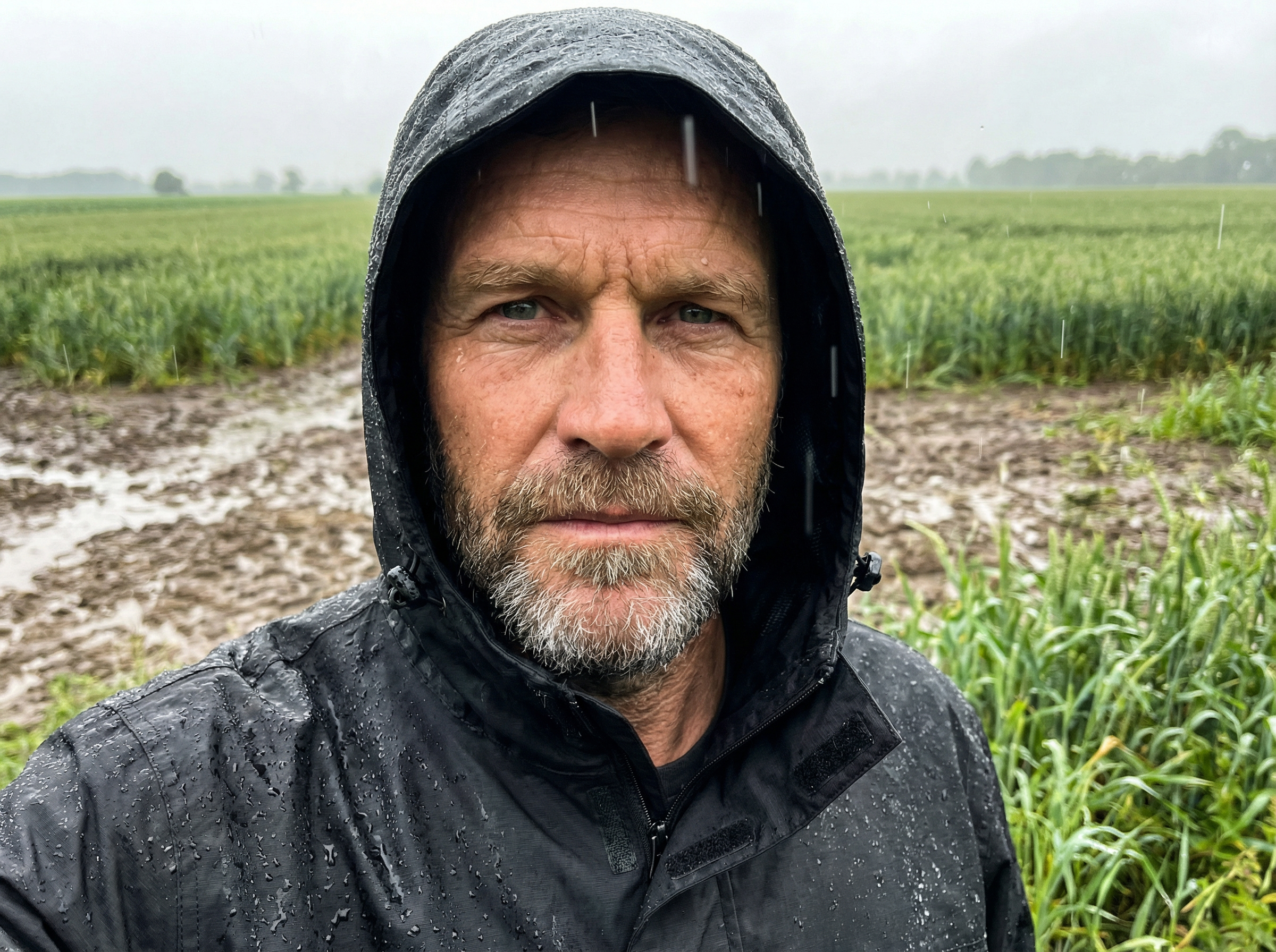 Mann, Regenjacke, Kapuze, Nasenbart, Regenfeld
