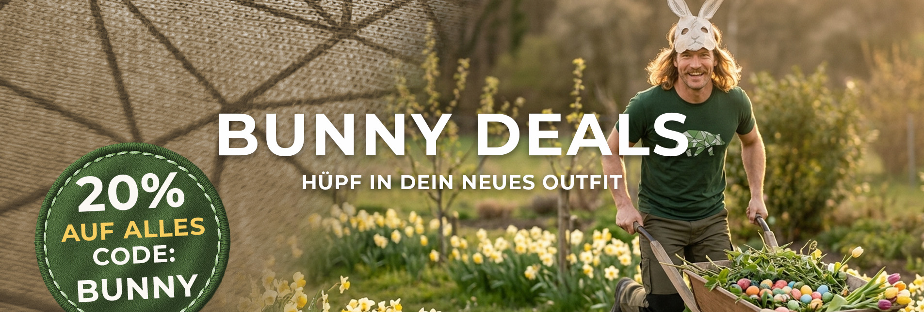 outdoor, Hase Maske, grünes T-Shirt, Garten, Blumen Wagen