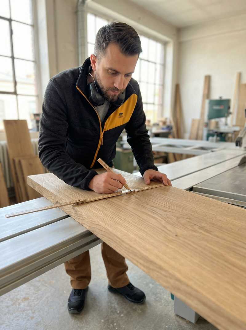 Schreiner in der Werkstatt mit Sicherheitsschuhen bei der Holzbearbeitung - professionelle Arbeitsschuhe fuer Tischler