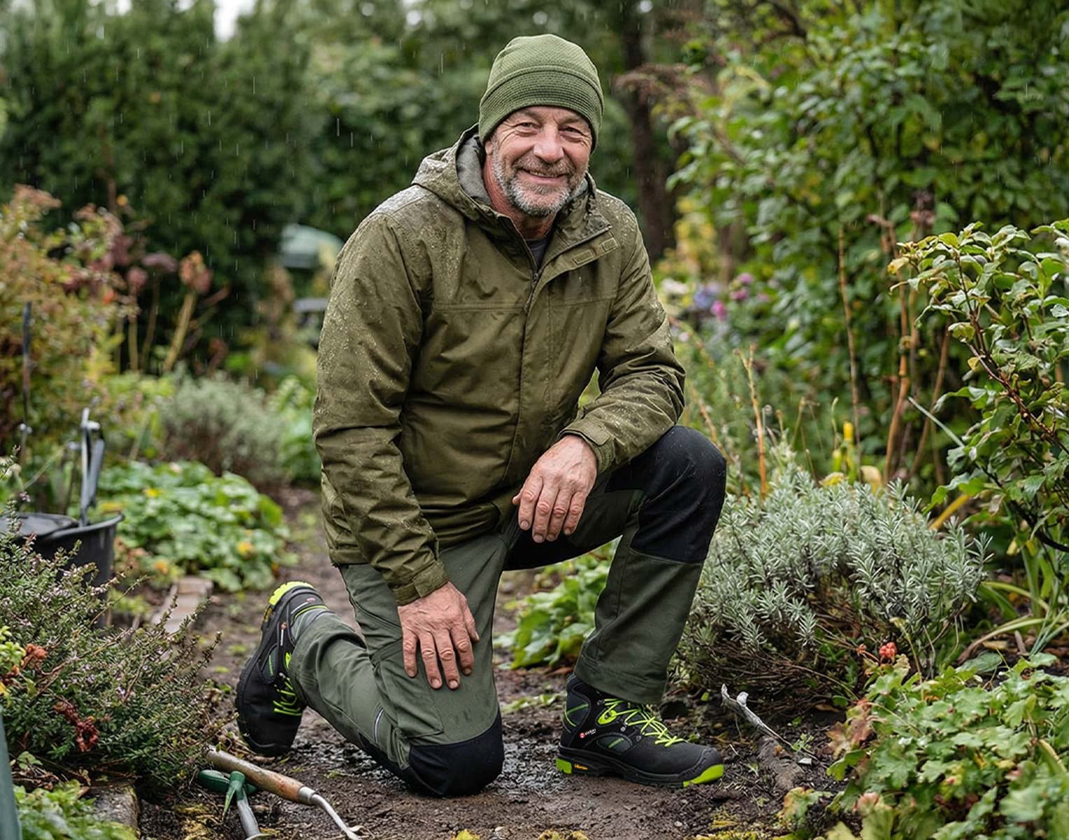 Garten, Person, Sitzen, Gartenarbeit, Mann