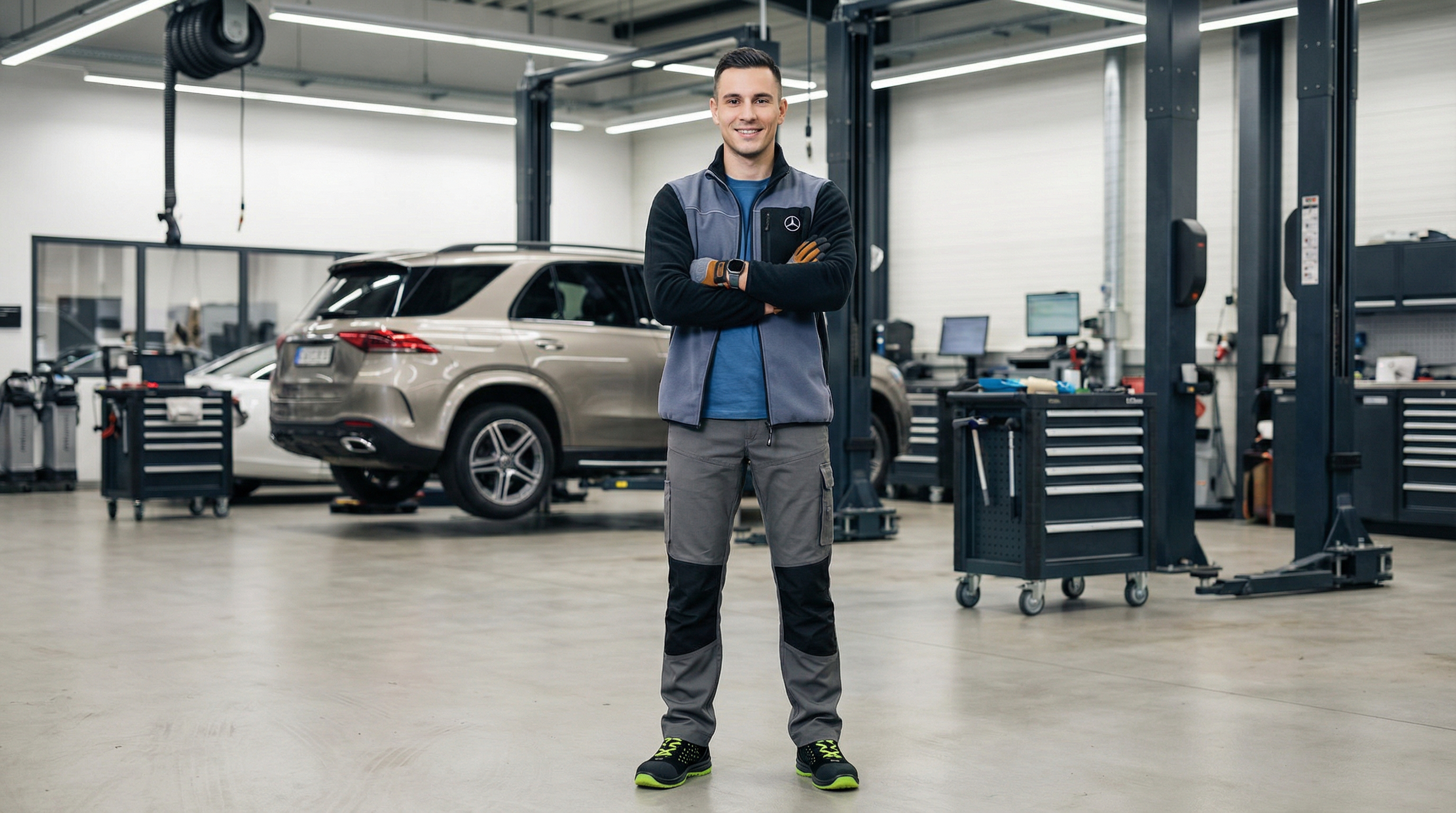 KFZ-Mechatroniker Luca Ricci - Portrait in professioneller Werkstattkleidung