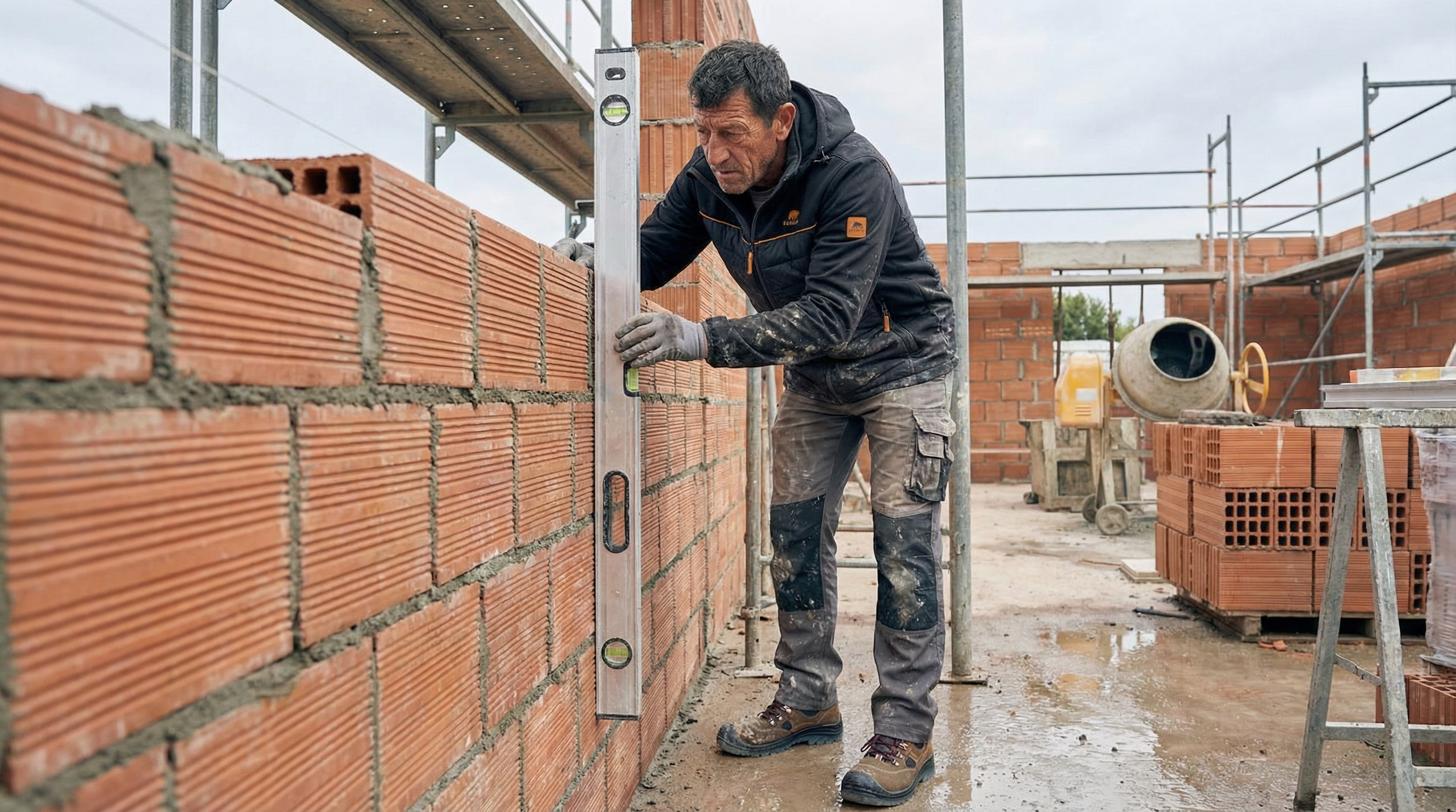 Maurer-Polier Matteo Rossi prueft mit Wasserwaage die Ausrichtung einer frisch gemauerten Wand auf der Baustelle