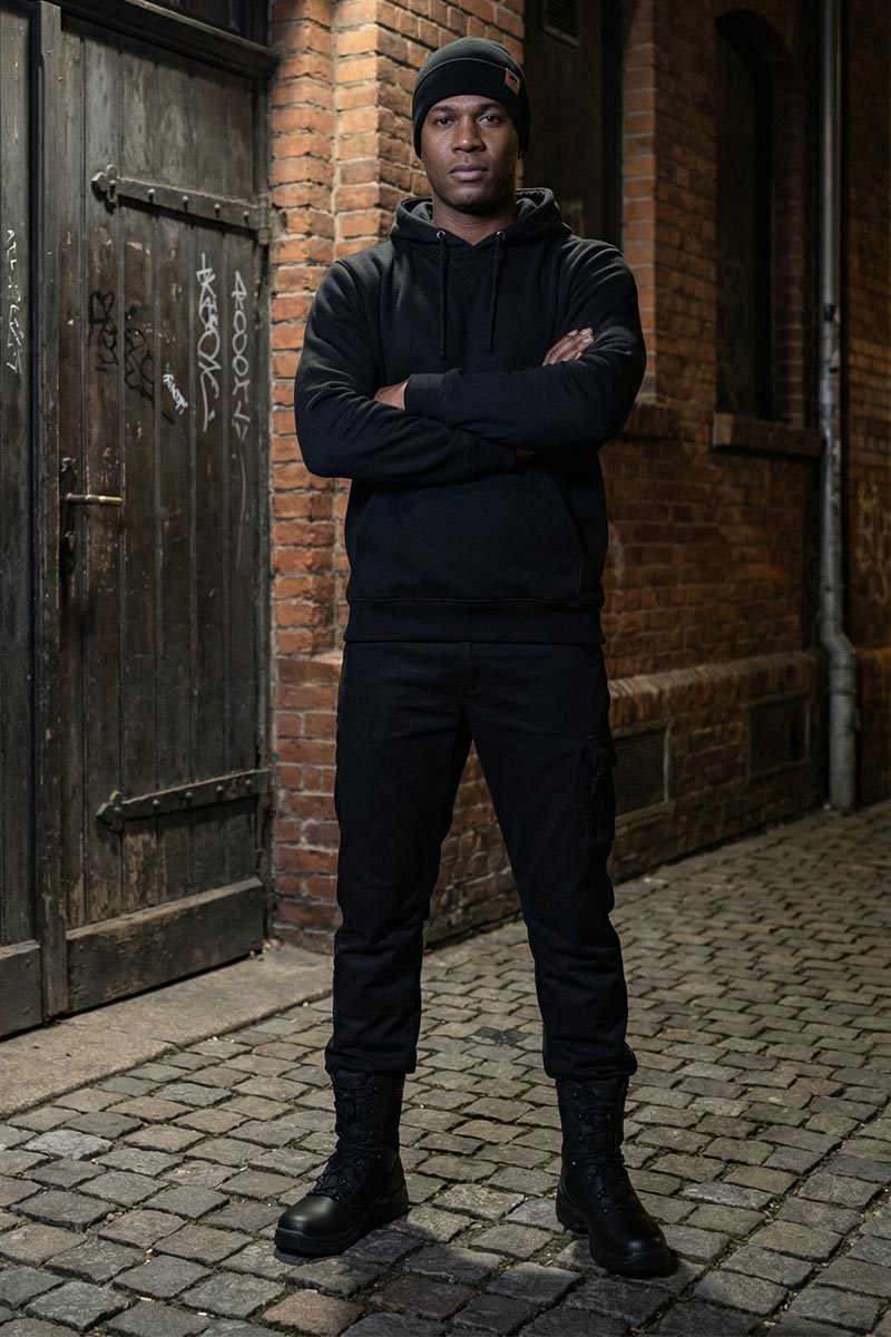 Hoodie, Sweatshirt, Schwarz, Beanie, Stiefel