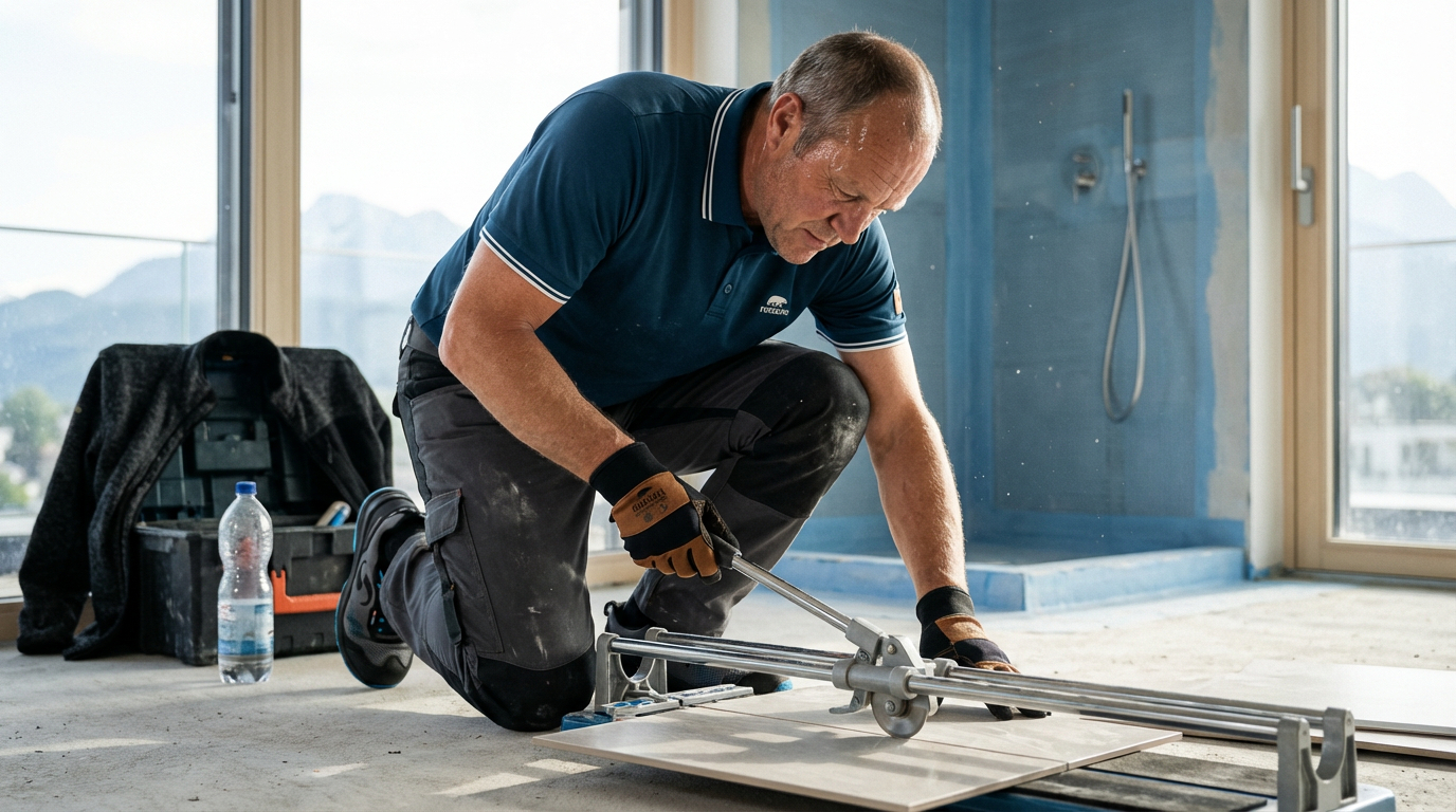 Fliesenleger Richard Gruber schneidet Fliesen praezise mit dem Anreissgeraet zu - Workwear im Einsatz