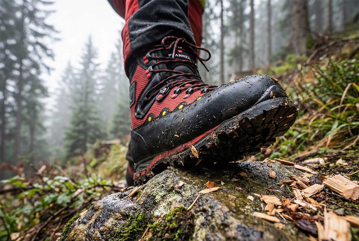 Wanderstiefel, Hiking Boot, Gummi Sohle, Rote Stiefel, Waldpfad