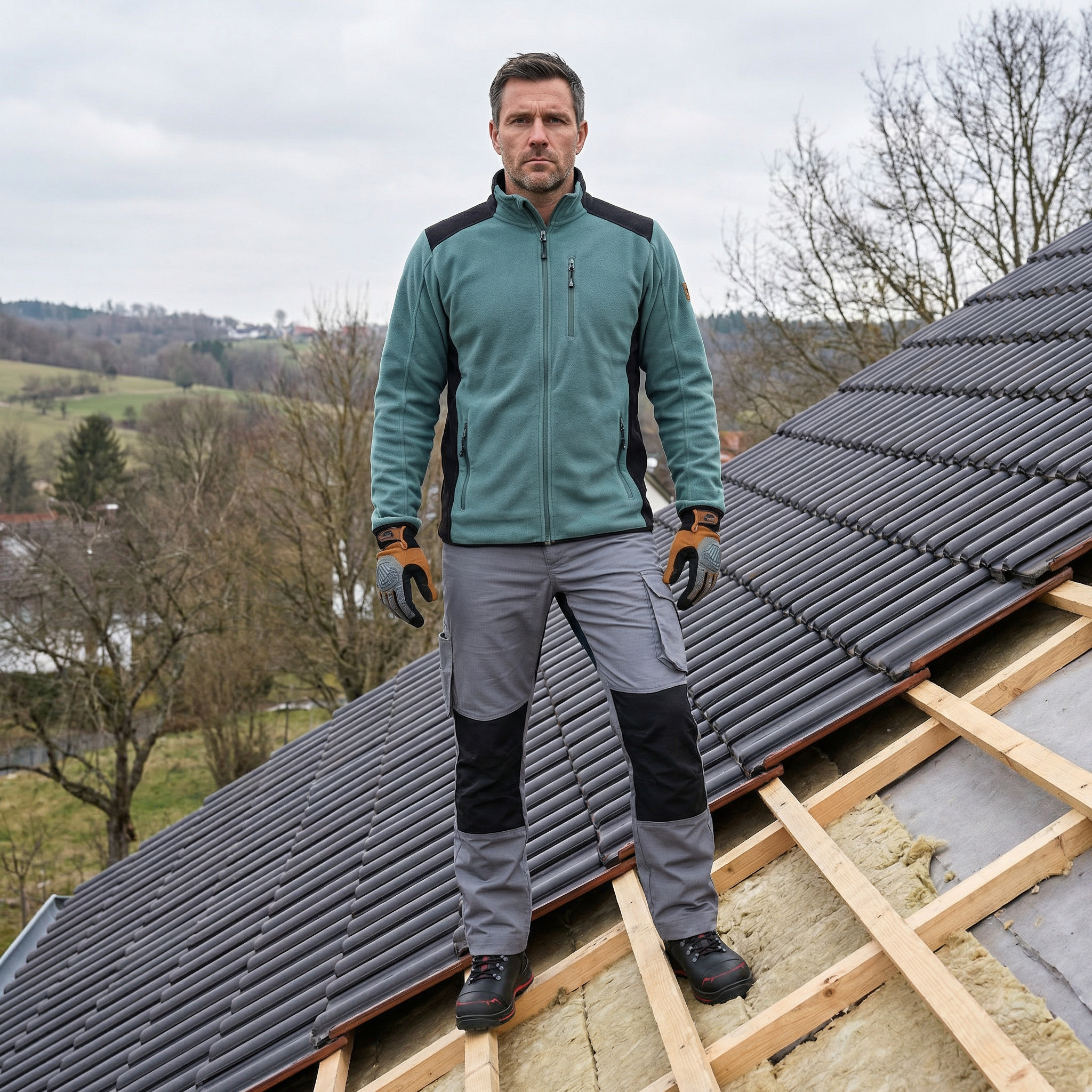 Dachdeckermeister Zoran Dragic auf dem Dach - Profi-Ausruestung fuer Dachdecker