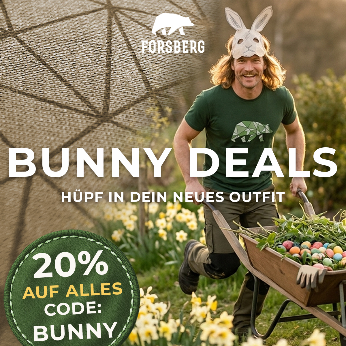 outfit, grünes shirt, bär logo, hase maske, gärtenkarren, blumen, aktionscode, rabatt badge
