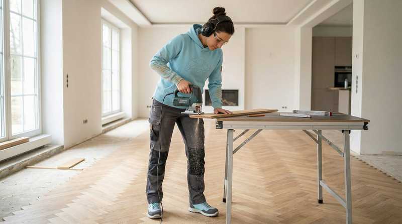 Parkettlegerin Elena Petrova bei der Detailarbeit am Massivholzparkett - professionelles Handwerk