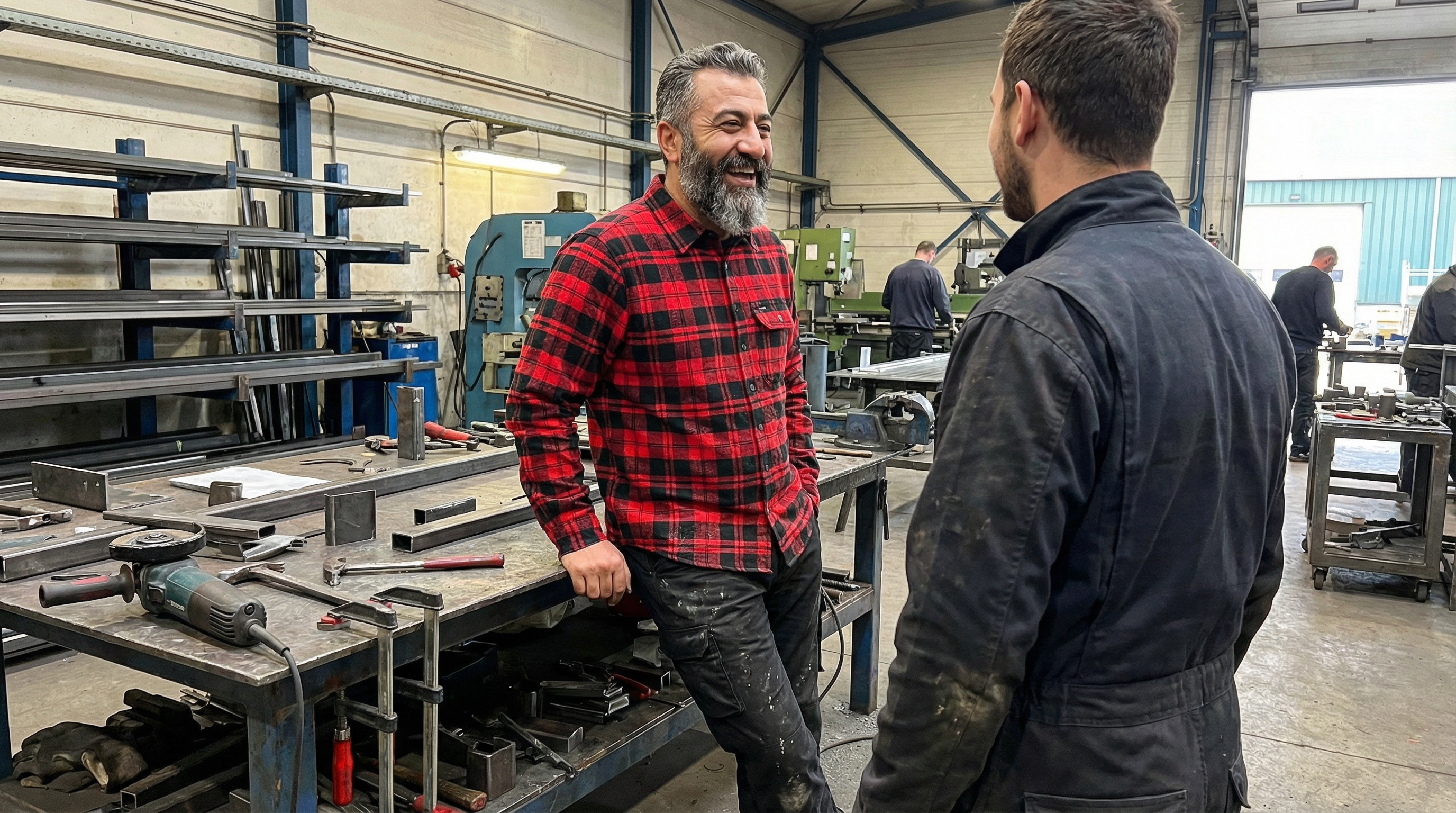 Kenan Demir aus Koeln-Ehrenfeld prueft Werkzeug in seiner Metallbau-Werkstatt